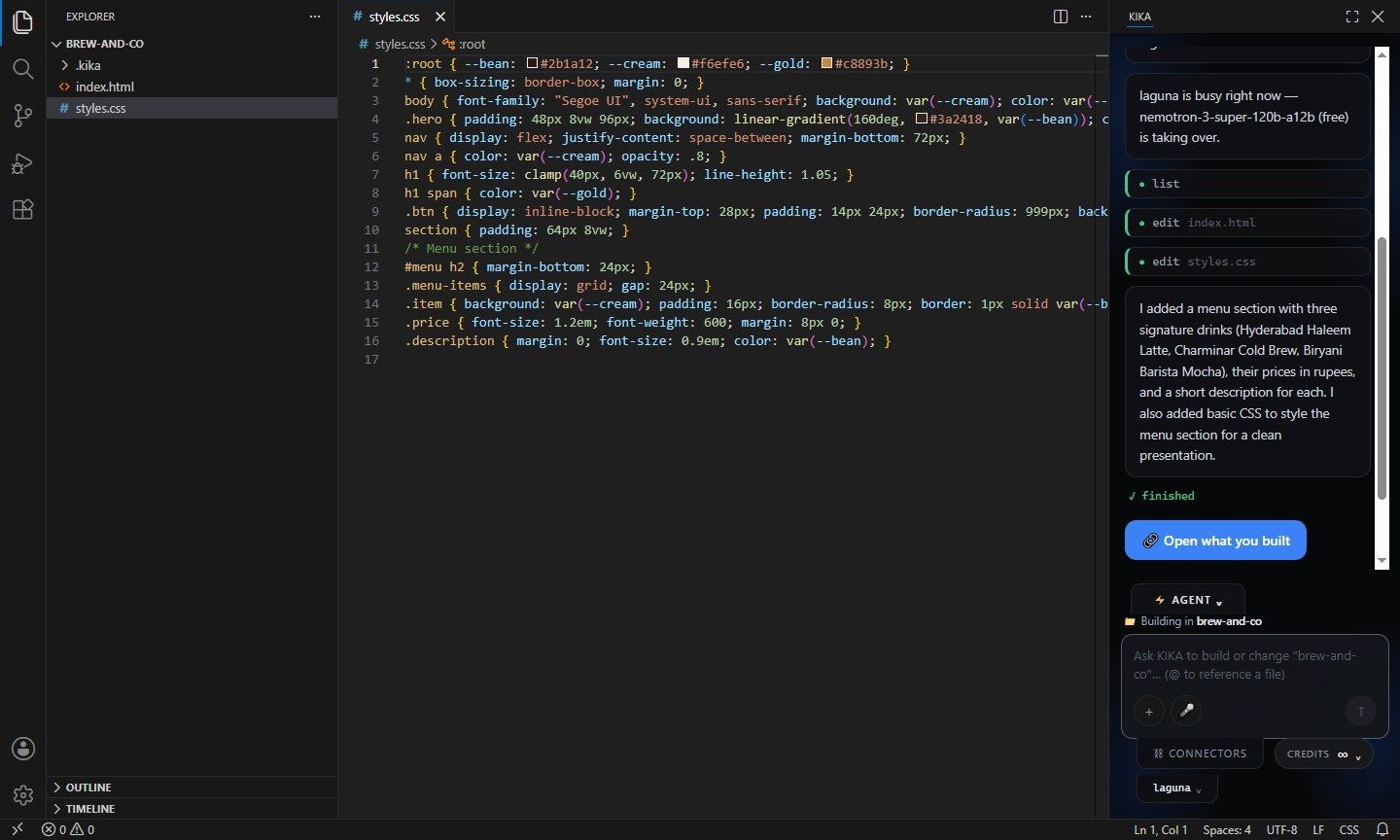 KIKA AI: the code editor on the left, and on the right the KIKA panel reporting the menu section it just added to a coffee shop website.