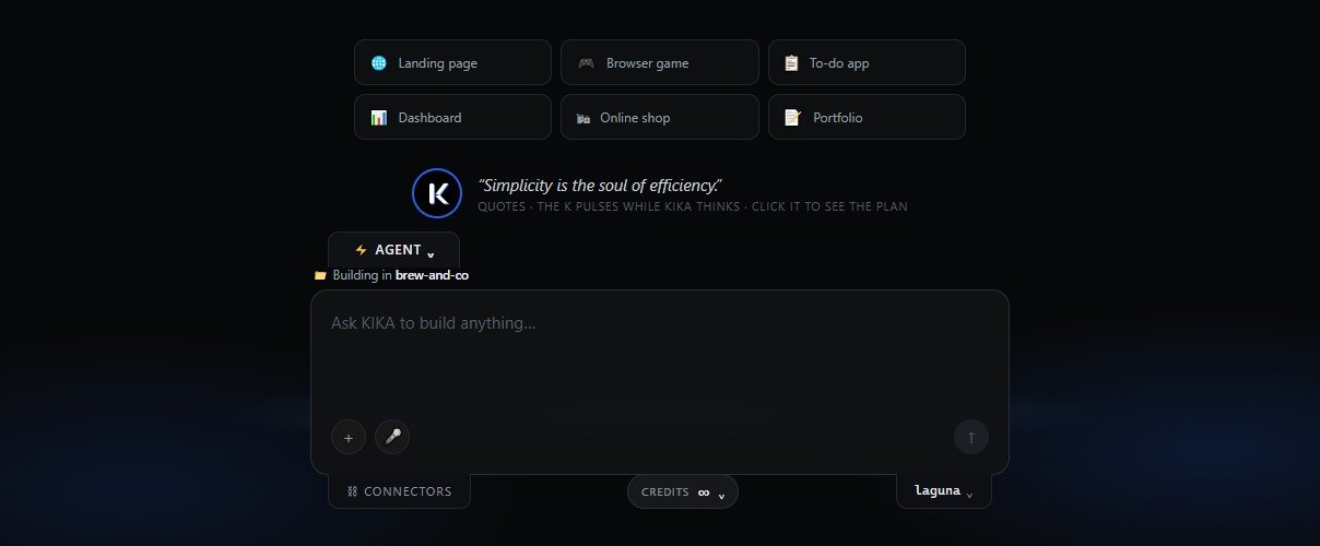 The full KIKA view: starting points like Landing page, Browser game, To-do app, Dashboard, Online shop and Portfolio above the prompt box.