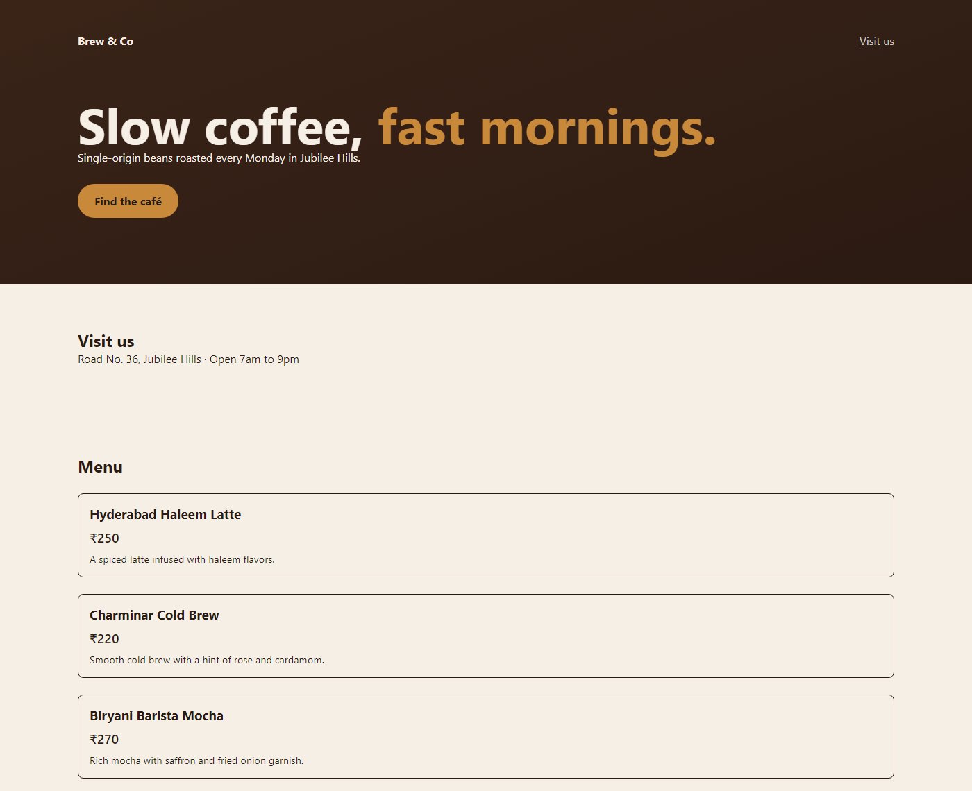 The finished café page with a menu of three drinks and their prices.