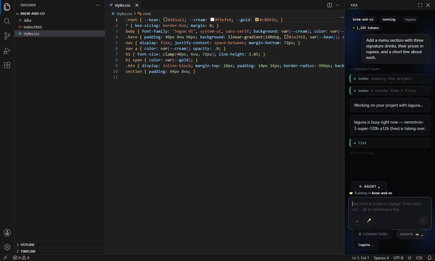 The KIKA panel working on the request: checkpoint saved, reading the project.